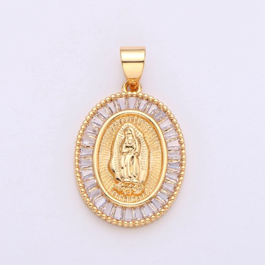 24K Gold Virgin Mary Pendant- Micro Pave Gold Coin Charm- Gold Medal Pendant Necklace -Our Lady of Guadalupe Medal Religious Jewelry Supply I-632 - DLUXCA