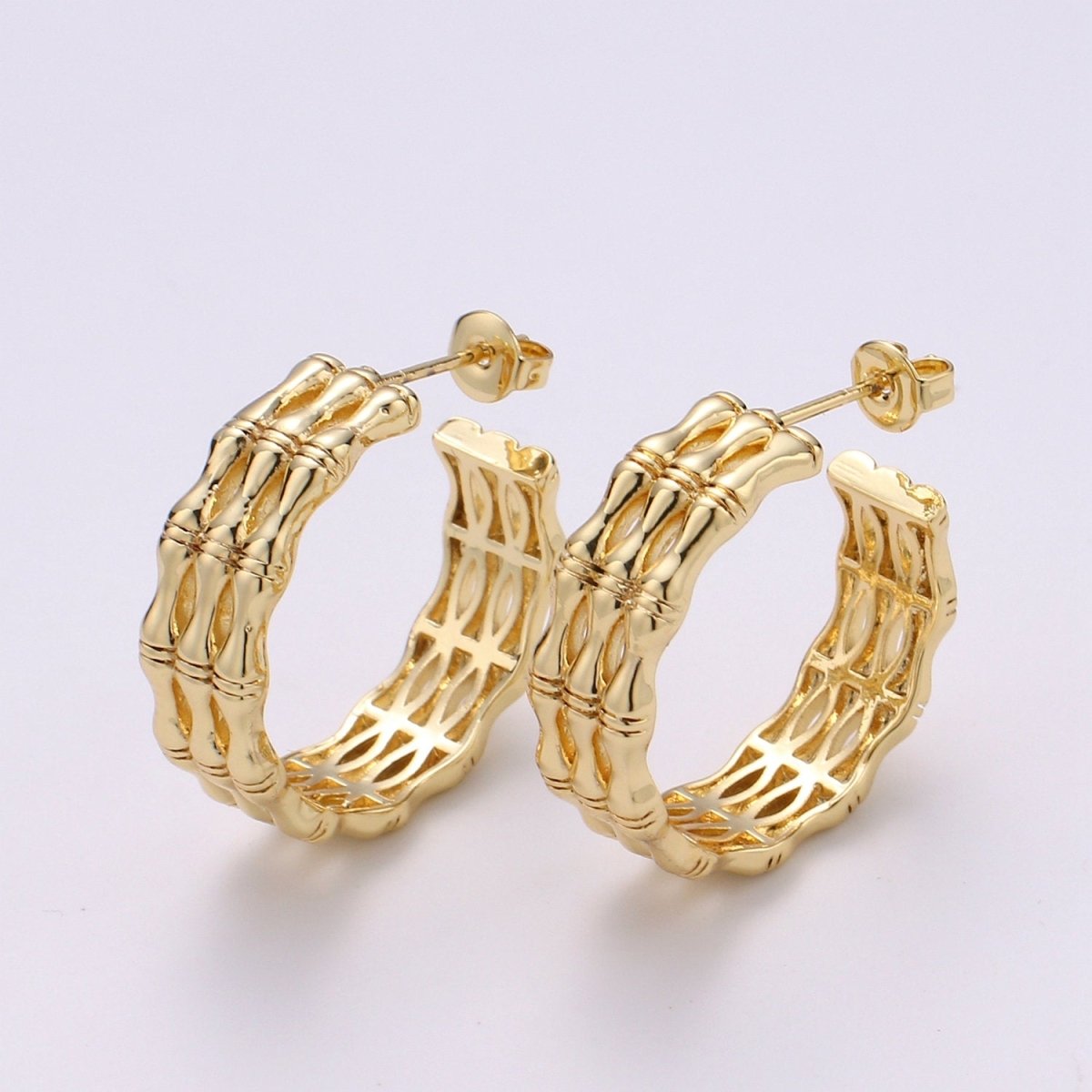 24k Vermeil Gold Earrings, Chunky Hoop Earring, Bold Earrings, Chunky Bamboo Earrings, Everyday Wear Earrings 15mm Earring Q-284 - DLUXCA
