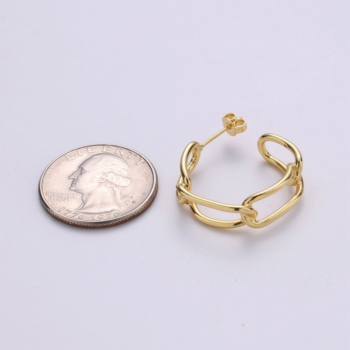 24k Vermeil Gold Earrings, Hoop Earrings, Long Chain Link Earring, Stud Earring, Gift for Her, Earrings for Women, Everyday Wear Earring Q-528 - DLUXCA