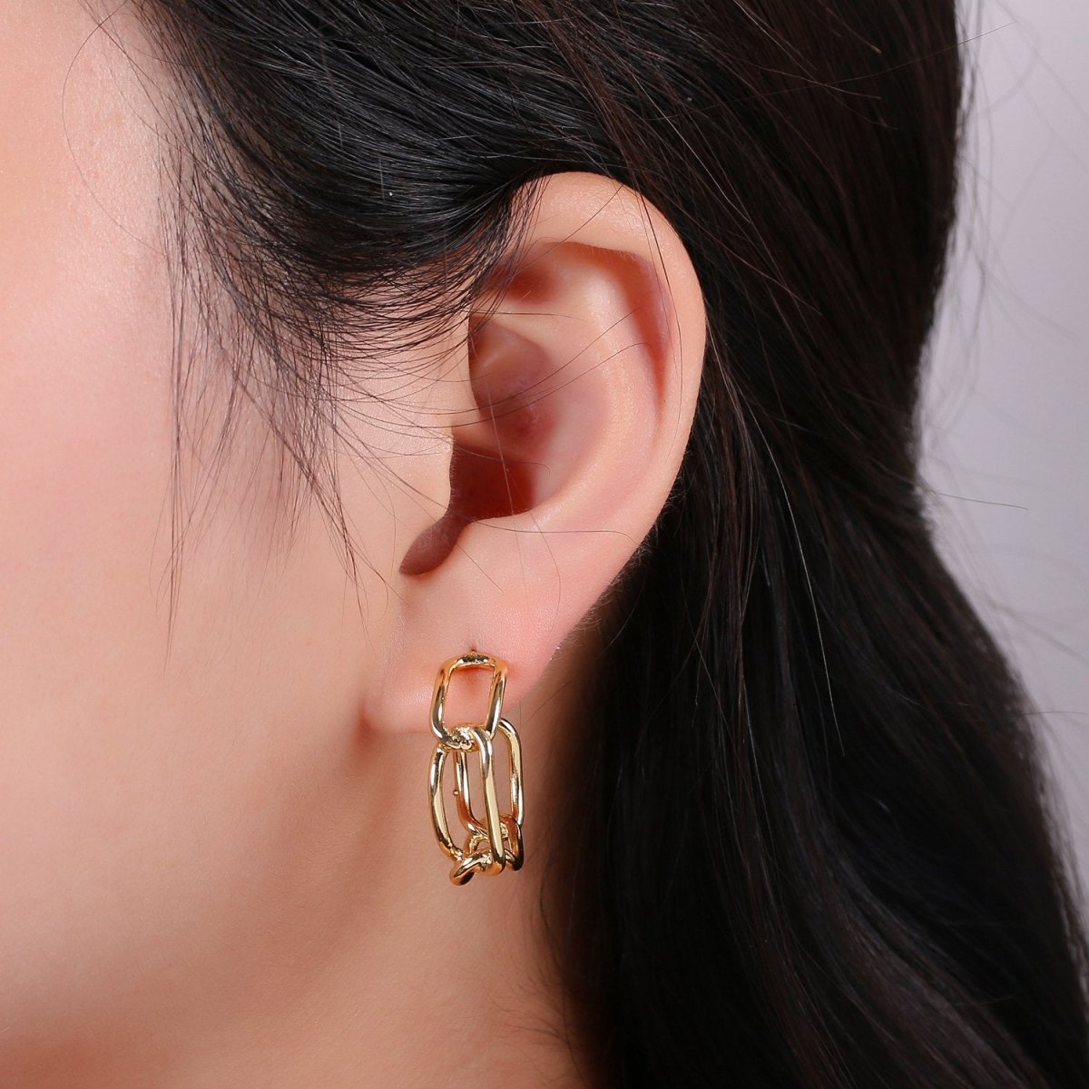 24k Vermeil Gold Earrings, Hoop Earrings, Long Chain Link Earring, Stud Earring, Gift for Her, Earrings for Women, Everyday Wear Earring Q-528 - DLUXCA