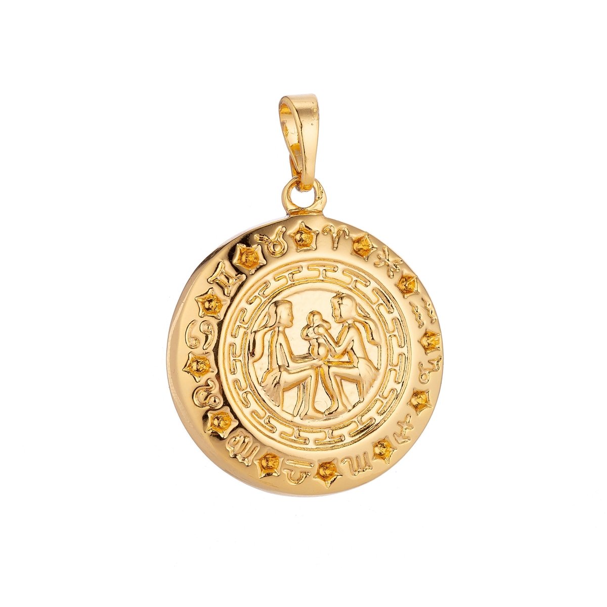 24k Yellow Gold Filled Gemini Zodiac Charm Coin Medallion for Layer Necklace Pendant Findings Trendy Jewelry Making Supplies H-615 - DLUXCA