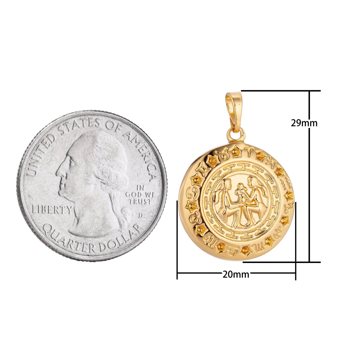 24k Yellow Gold Filled Gemini Zodiac Charm Coin Medallion for Layer Necklace Pendant Findings Trendy Jewelry Making Supplies H-615 - DLUXCA