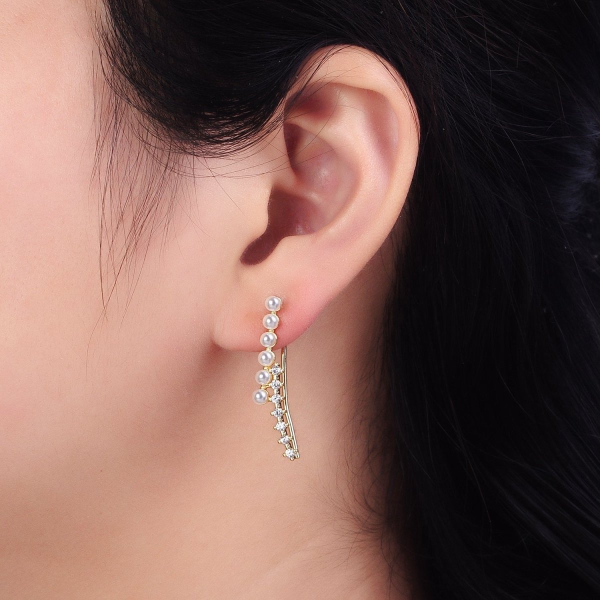 24KGold Filled Round White Pearl Clear CZ Curved Lined Earring Climber | AB384 - DLUXCA