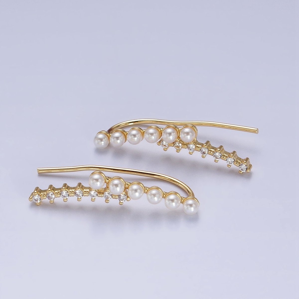 24KGold Filled Round White Pearl Clear CZ Curved Lined Earring Climber | AB384 - DLUXCA