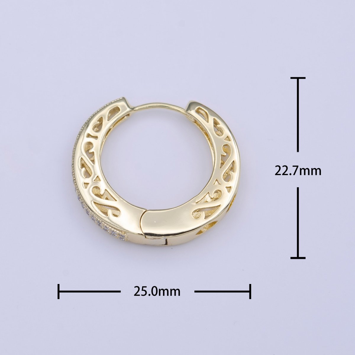 25mm Gold Micro Paved CZ Filigree Sided Gold Huggie Hoop Earrings | Y-213 - DLUXCA