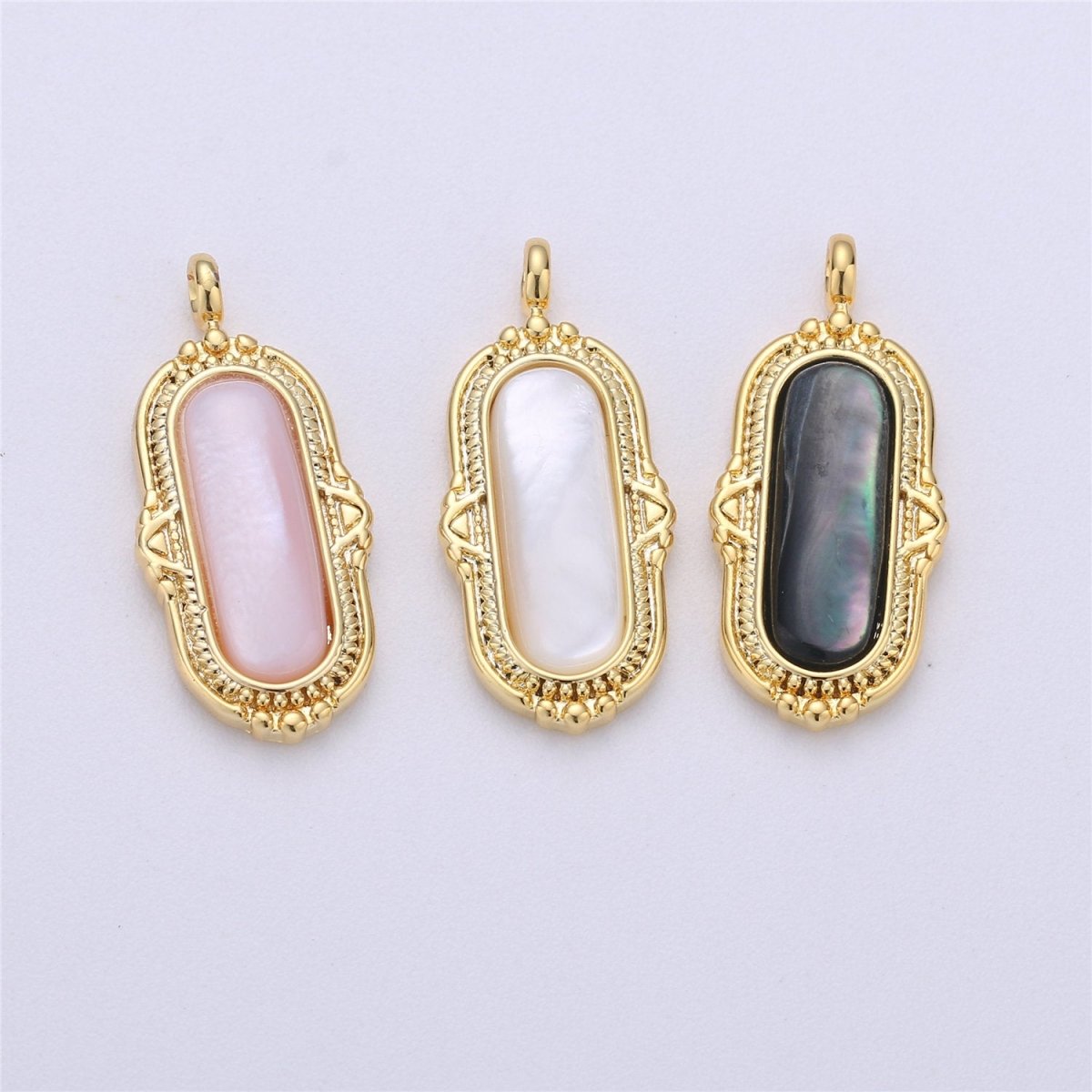 25x12mm Oval Charm, mother of pearl in 24k Gold Filled for Necklace Earring Component Pink White Black Pearl Charm, D-805, D-806 - DLUXCA