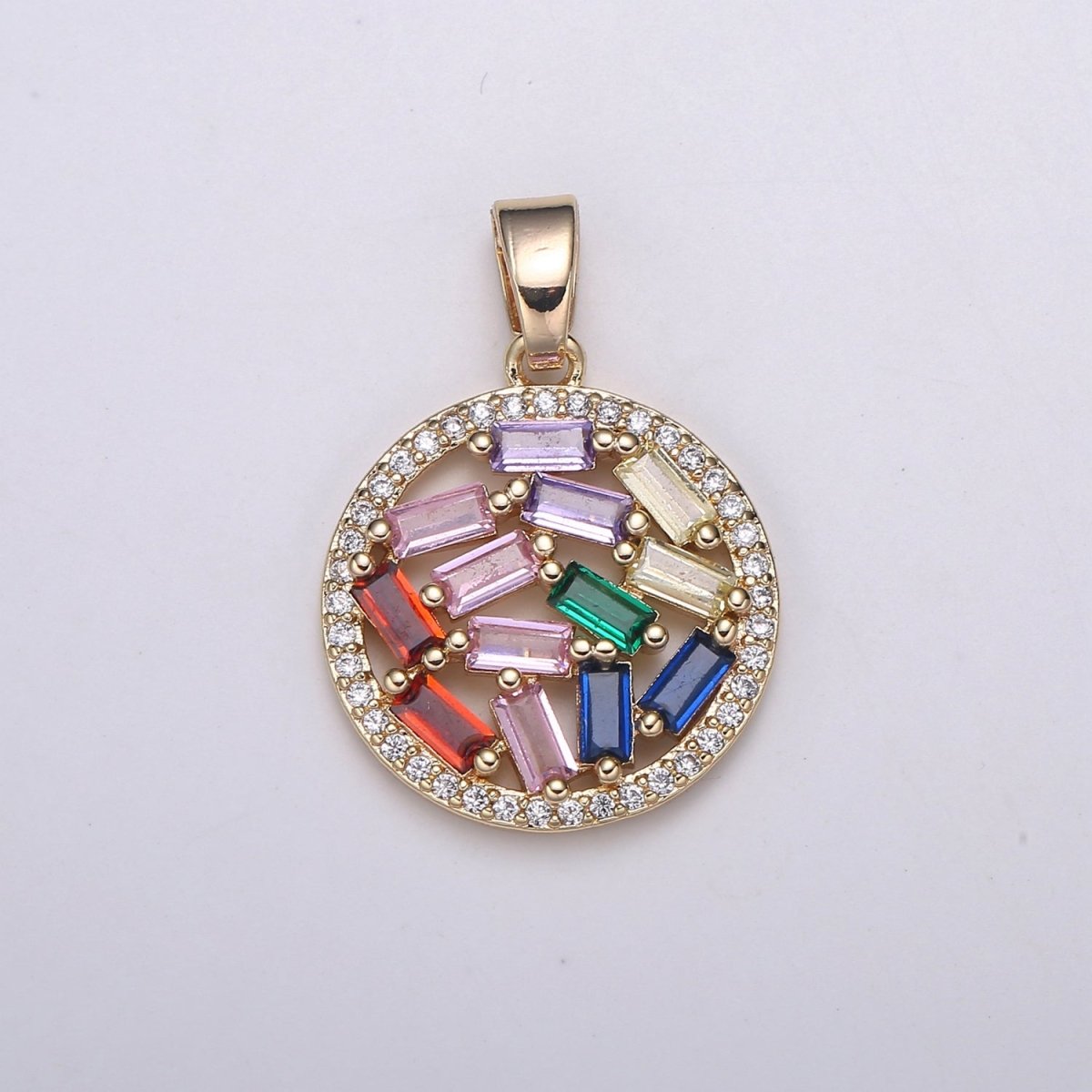 26X18mm 18K Rose Gold Round Charms, Multi Color Baguette CZ Pendant, Pave Cz Circle Charm for Minimalist Jewelry supply, J-285 - DLUXCA