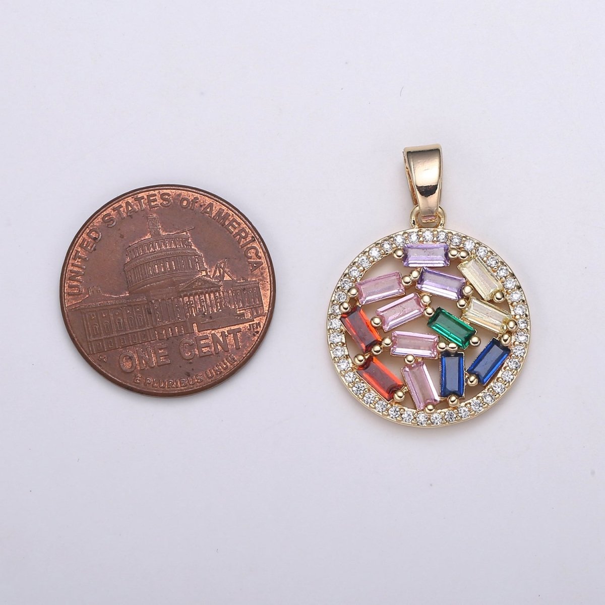 26X18mm 18K Rose Gold Round Charms, Multi Color Baguette CZ Pendant, Pave Cz Circle Charm for Minimalist Jewelry supply, J-285 - DLUXCA