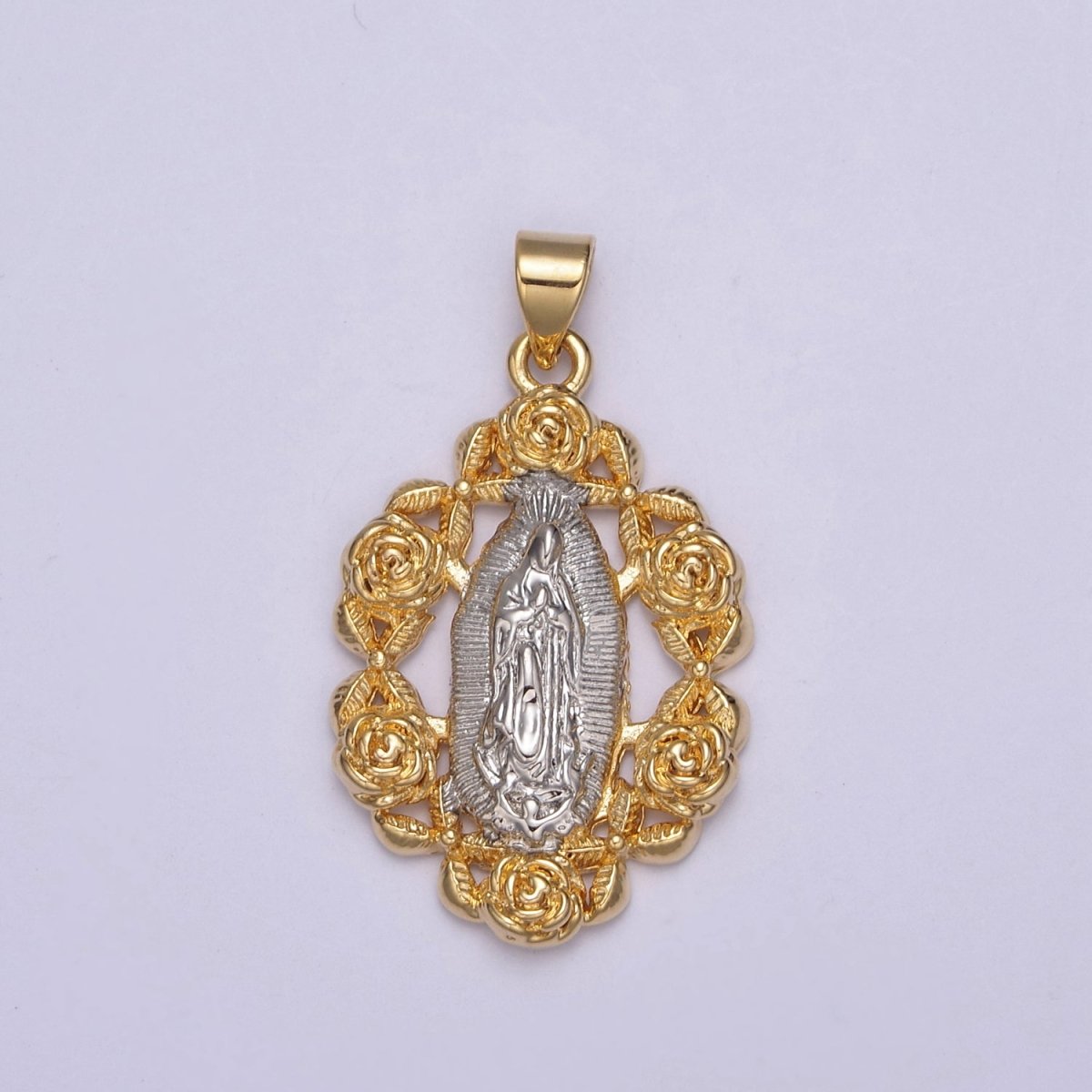2Tone Gold Virgin Mary Our Lady Of Guadalupe Divine Mercy Rose Flower Medallion Pendant for Necklace Making Supply H-822 - DLUXCA