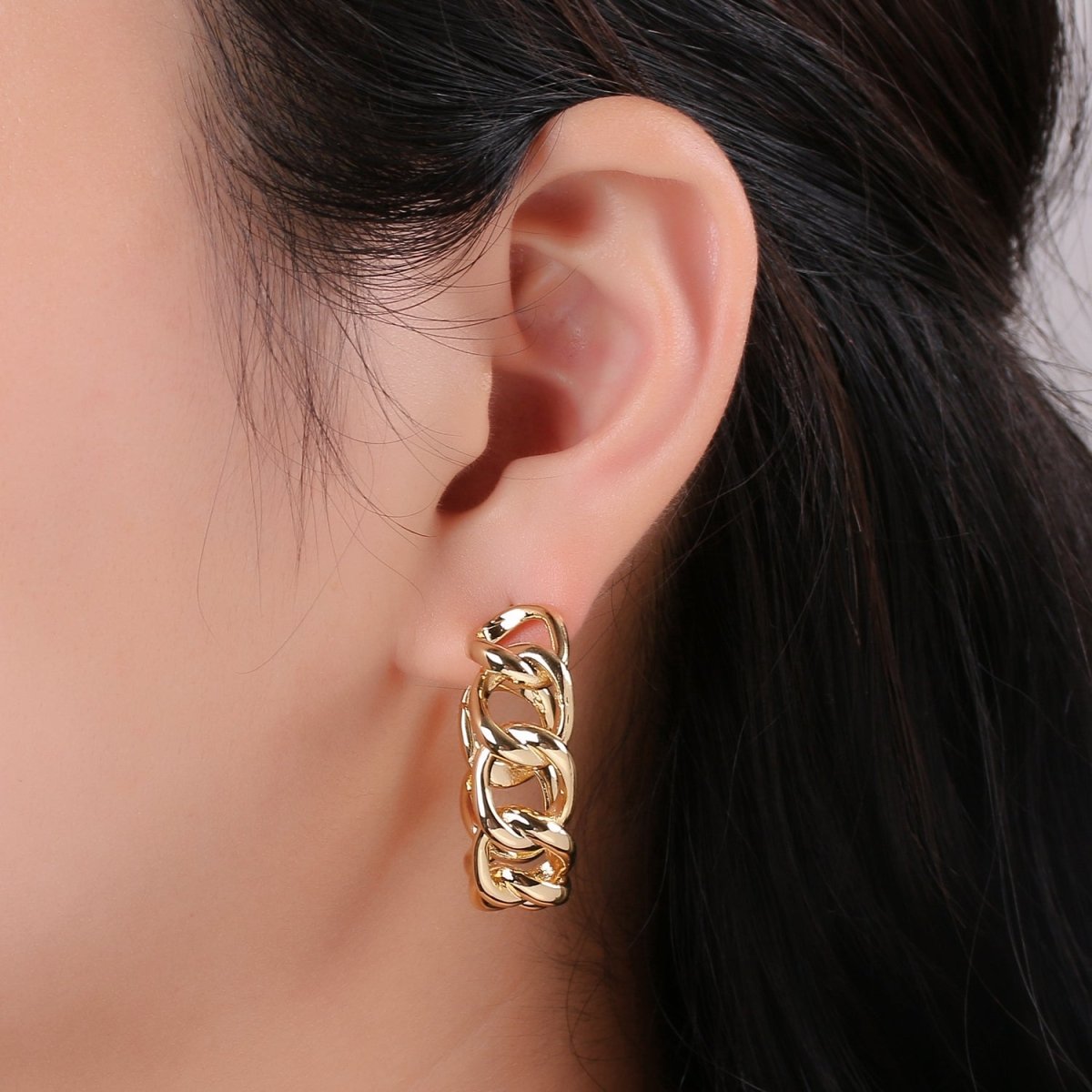 30mm Chunky Gold Link Hoops, Small Gold Large Chain Hoop Earrings, Gold Hoop Earrings, Small Hoop Earrings, Chain Hoops, Hoop Earrings Q-536 - DLUXCA