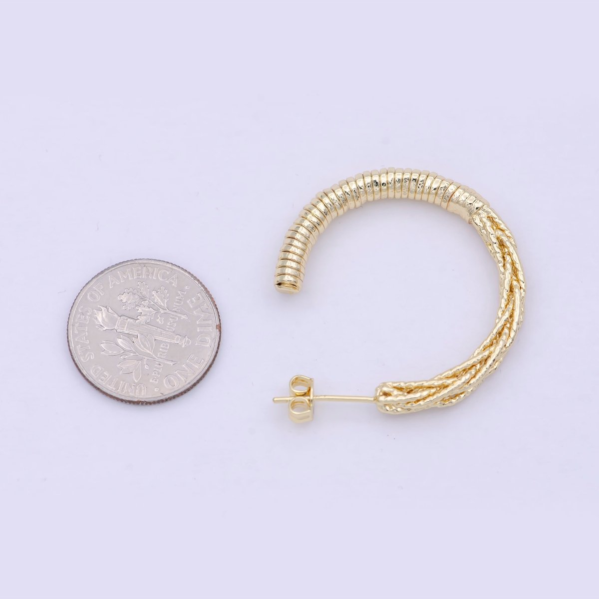 30mm Geometric Half Twisted Beaded Textured C-Shaped Hoop Earrings | Q-421 - DLUXCA