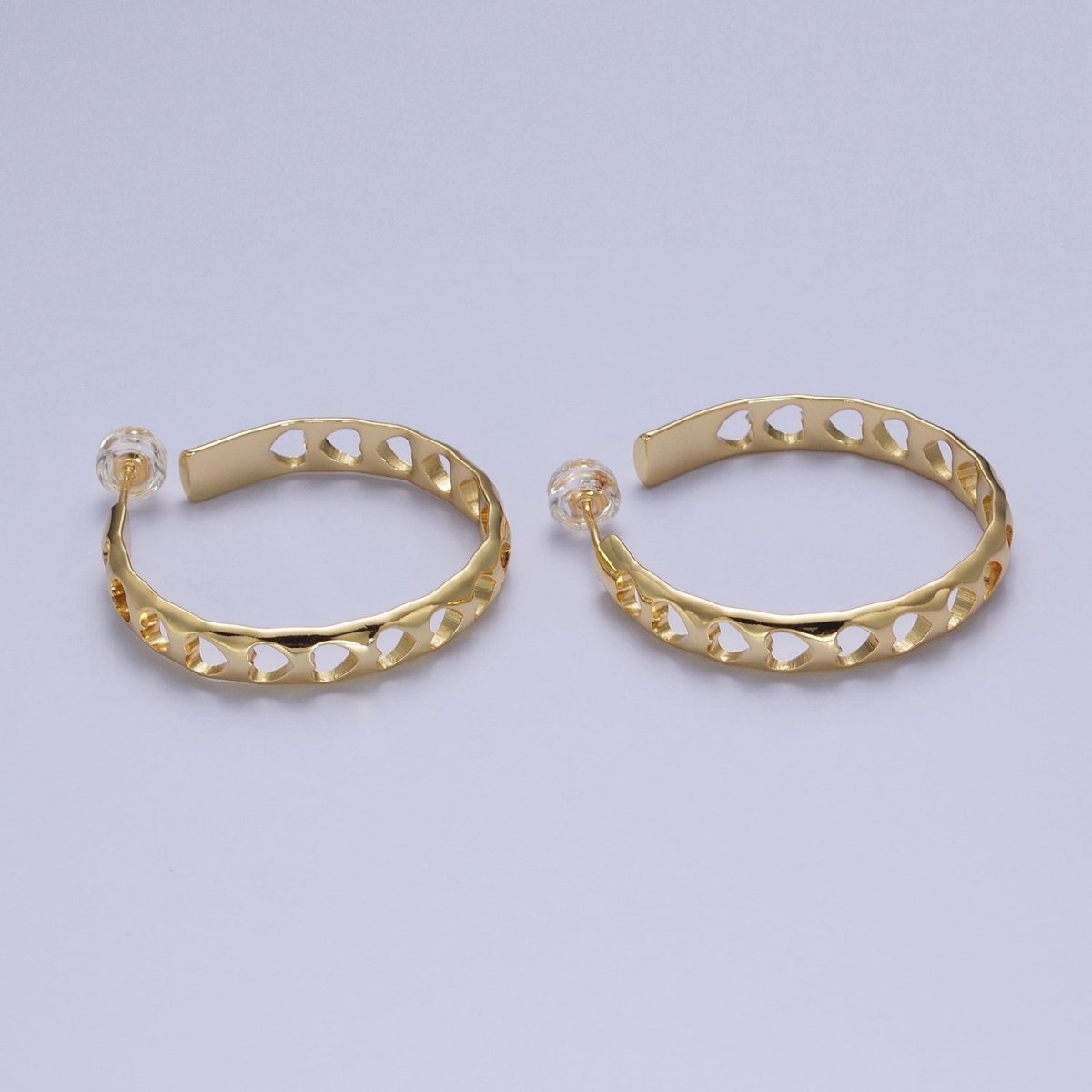 33mm Love Heart Outline Band C-Shaped Hoop Gold Stud Earrings For Valentine | X-863 - DLUXCA