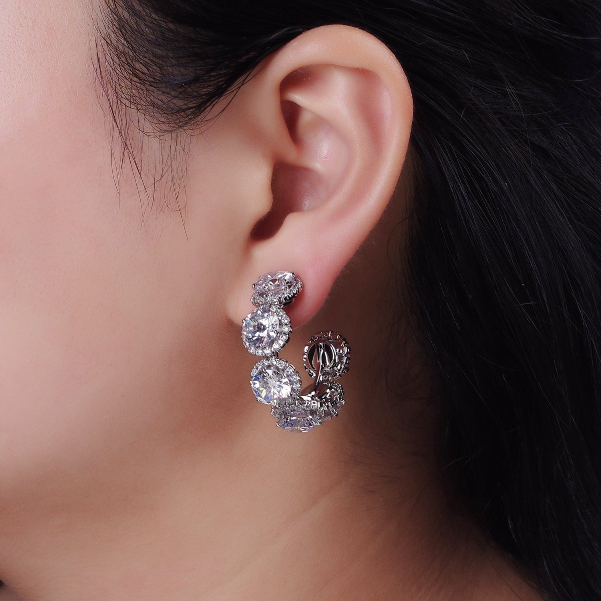 35mm Clear Round Micro Paved CZ C-Shaped Hoop Earrings in Gold & Silver | AE277 AE278 - DLUXCA