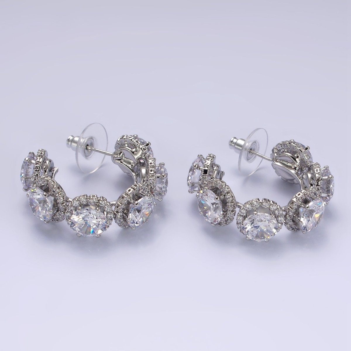 35mm Clear Round Micro Paved CZ C-Shaped Hoop Earrings in Gold & Silver | AE277 AE278 - DLUXCA