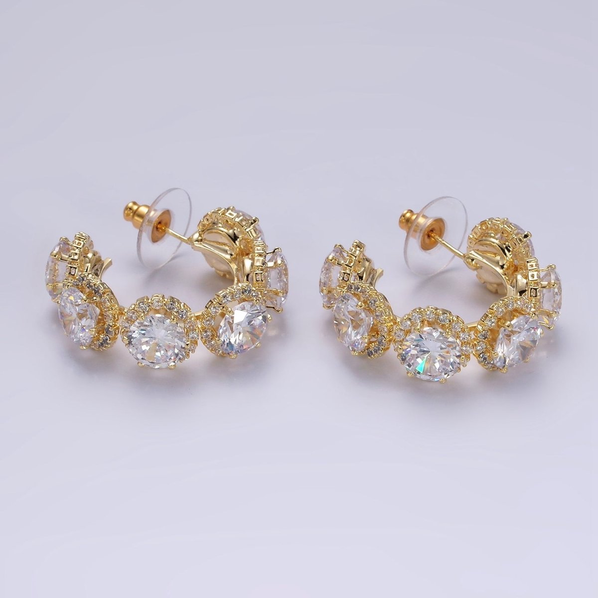 35mm Clear Round Micro Paved CZ C-Shaped Hoop Earrings in Gold & Silver | AE277 AE278 - DLUXCA