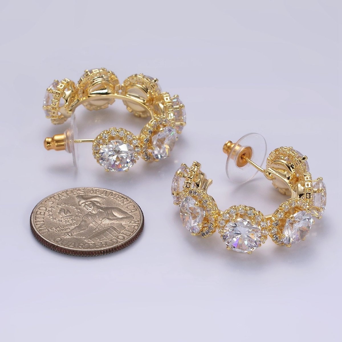 35mm Clear Round Micro Paved CZ C-Shaped Hoop Earrings in Gold & Silver | AE277 AE278 - DLUXCA