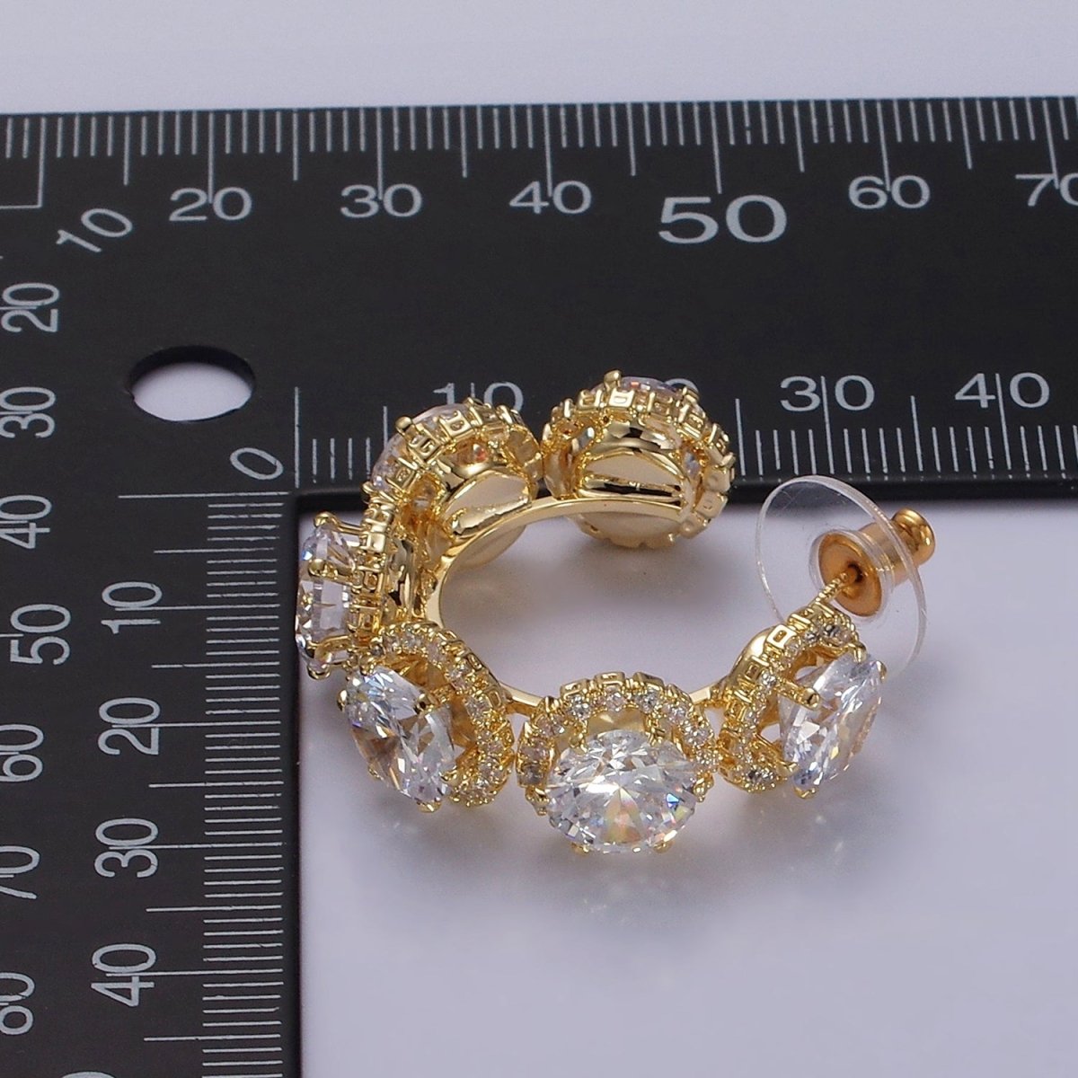 35mm Clear Round Micro Paved CZ C-Shaped Hoop Earrings in Gold & Silver | AE277 AE278 - DLUXCA