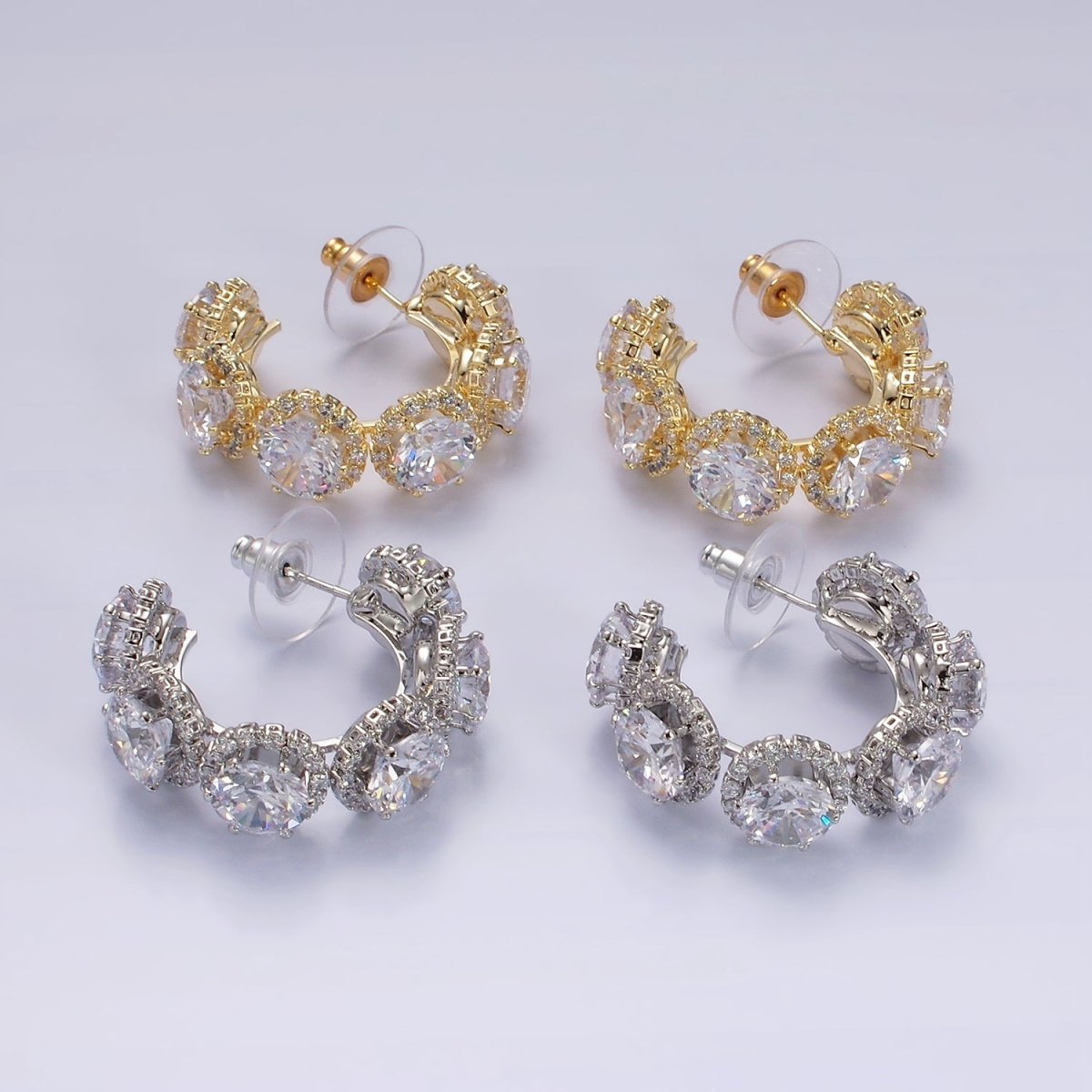 35mm Clear Round Micro Paved CZ C-Shaped Hoop Earrings in Gold & Silver | AE277 AE278 - DLUXCA