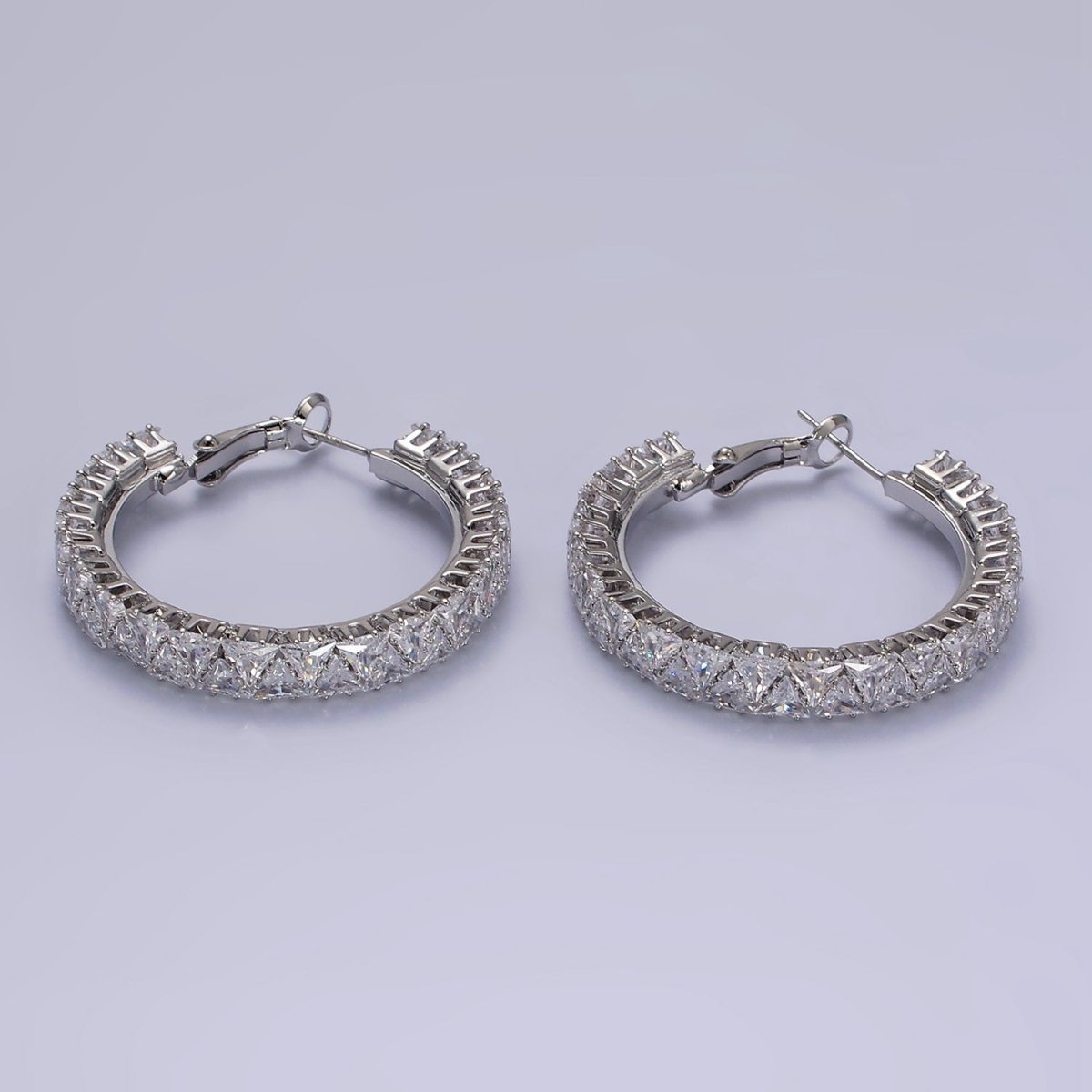 35mm Clear Triangle CZ Lined Hinge Hoop Earrings in Gold & Silver | AE275 AE376 - DLUXCA