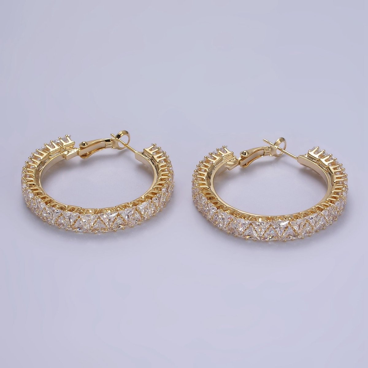 35mm Clear Triangle CZ Lined Hinge Hoop Earrings in Gold & Silver | AE275 AE376 - DLUXCA