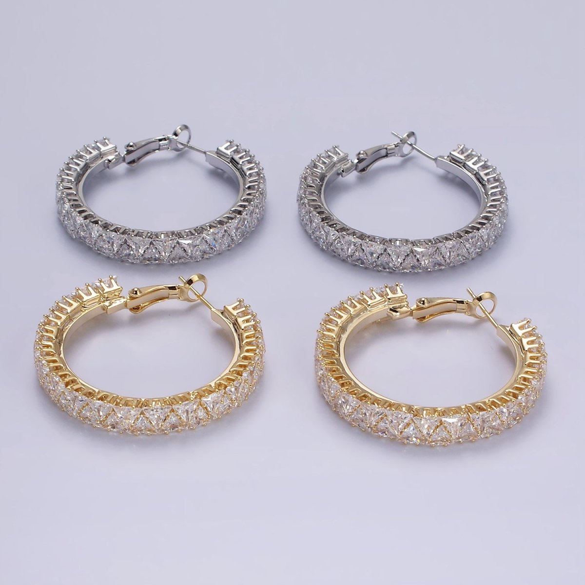 35mm Clear Triangle CZ Lined Hinge Hoop Earrings in Gold & Silver | AE275 AE376 - DLUXCA