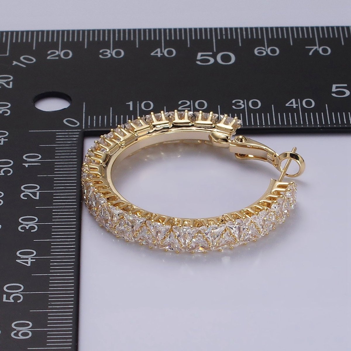 35mm Clear Triangle CZ Lined Hinge Hoop Earrings in Gold & Silver | AE275 AE376 - DLUXCA