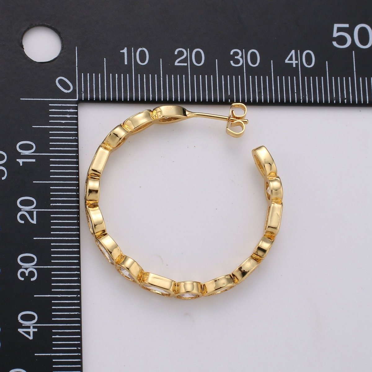35mm Gold Big Hoop Earring with Geometric CZ Bezel Set K-569 - DLUXCA
