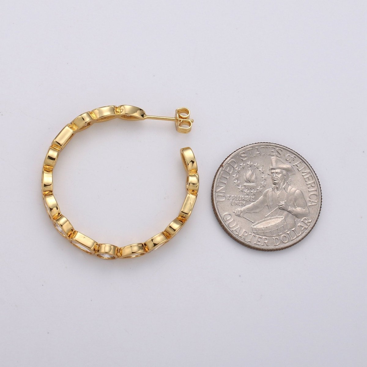 35mm Gold Big Hoop Earring with Geometric CZ Bezel Set K-569 - DLUXCA