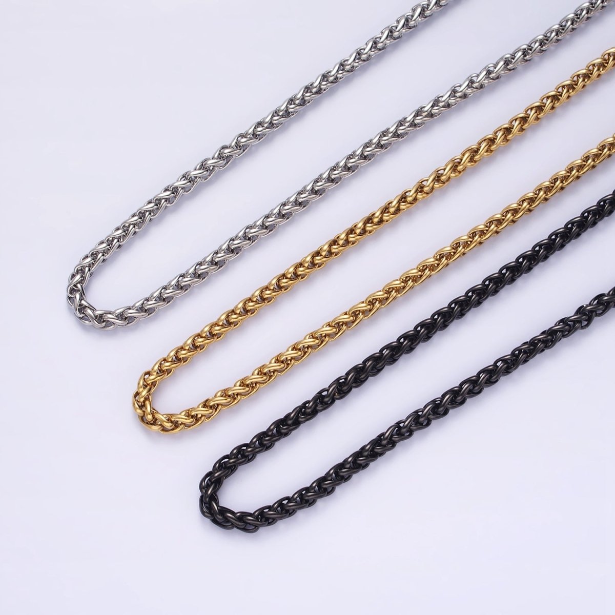 3.7mm Espiga Wheat Chain Necklaces , 21.6" or 23.6 " Chain , Lobster Clasp in Silver , Gold, Black - Wholesale Stainless Steel Chains | WA2090 to WA2092 WA2136 to WA2138 Clearance Pricing - DLUXCA