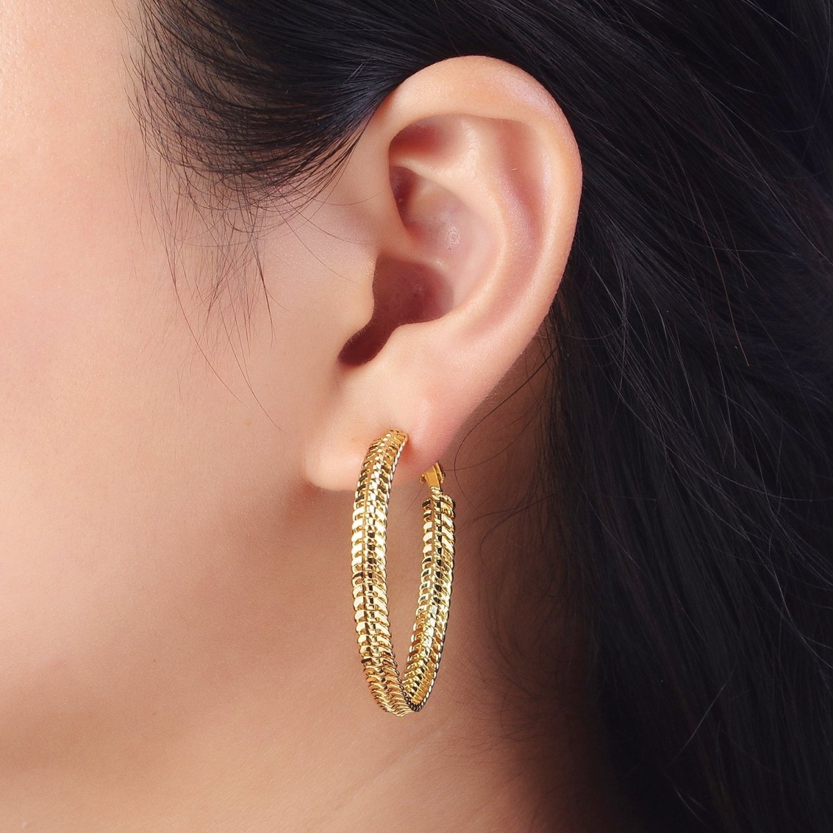 38mm Curb Snake Chain Hoops Stud Latch Statement Gold, Silver Earrings | Y-201 Y-202 - DLUXCA