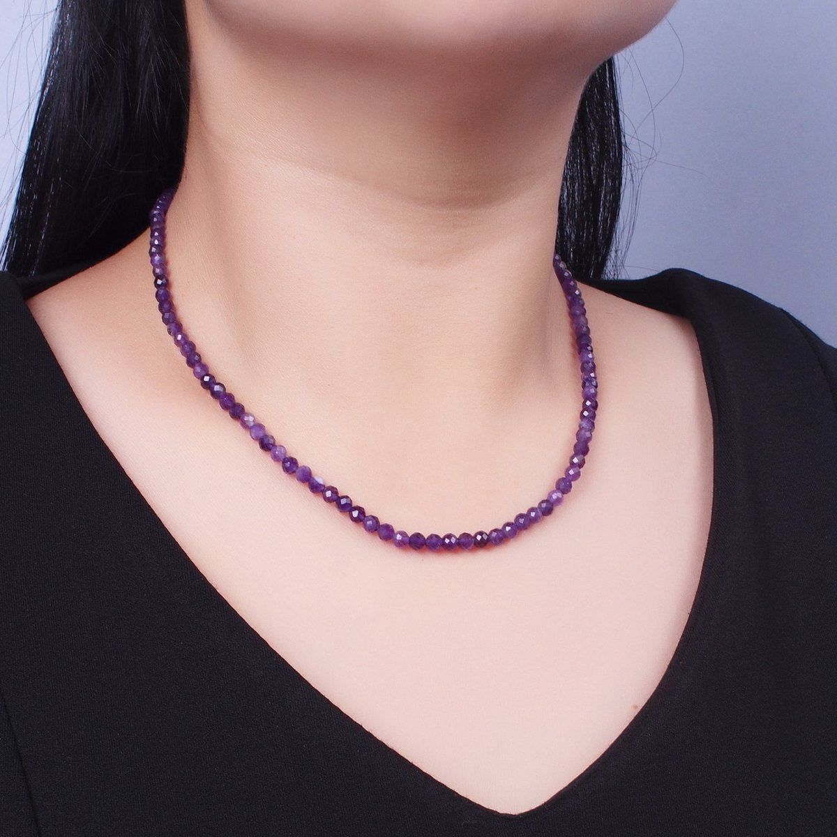 4.3mm Multifaceted Dark Purple Amethyst Gemstone 16.5 Inch Choker Necklace | WA-1185 Clearance Pricing - DLUXCA