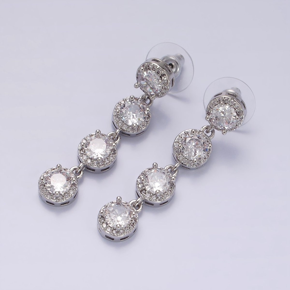 45mm Clear Round Micro Paved CZ Linear Drop Stud Earrings in Gold & Silver | AE287 AE288 - DLUXCA