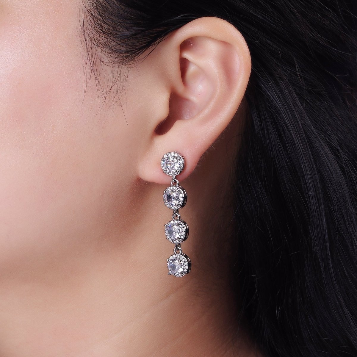 45mm Clear Round Micro Paved CZ Linear Drop Stud Earrings in Gold & Silver | AE287 AE288 - DLUXCA