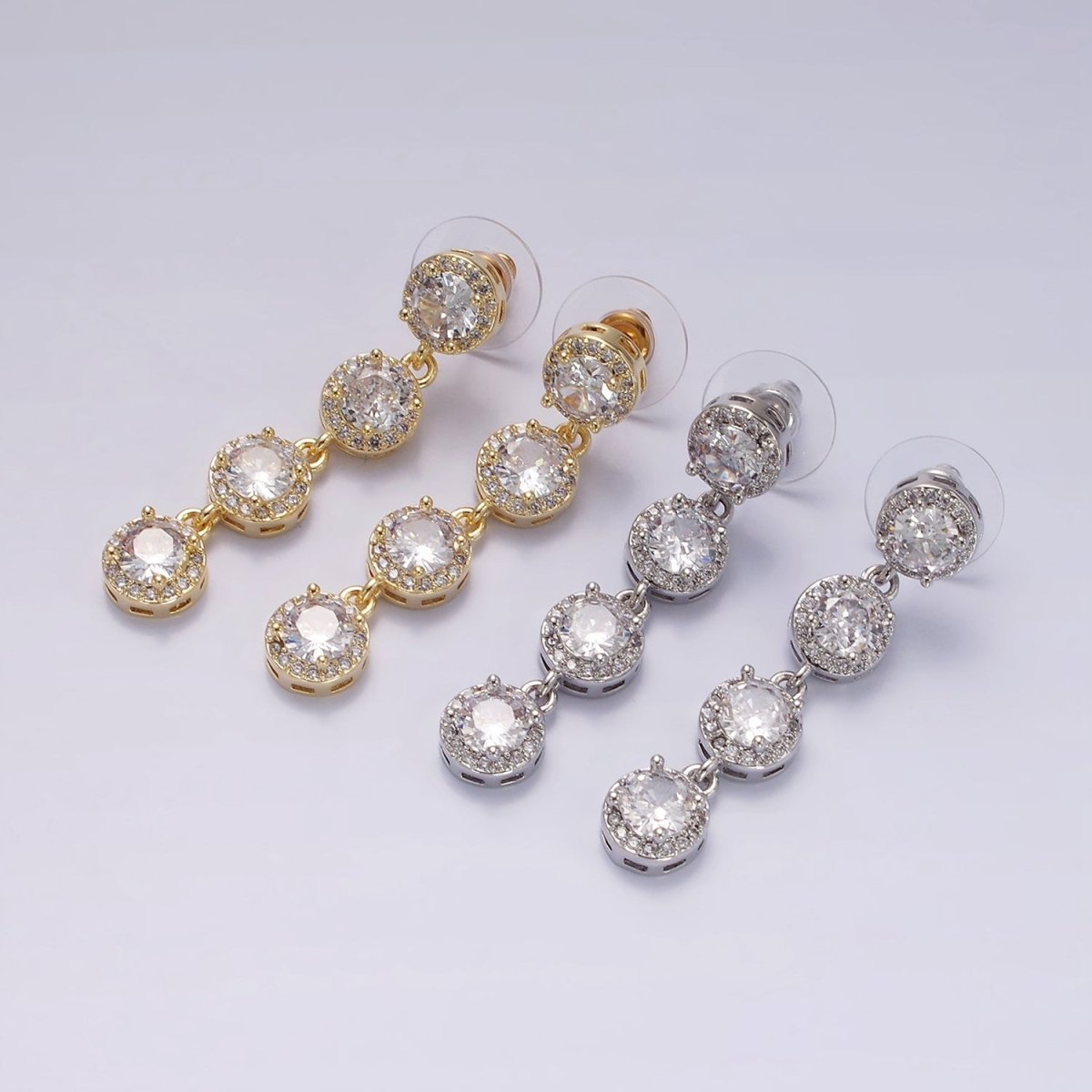 45mm Clear Round Micro Paved CZ Linear Drop Stud Earrings in Gold & Silver | AE287 AE288 - DLUXCA