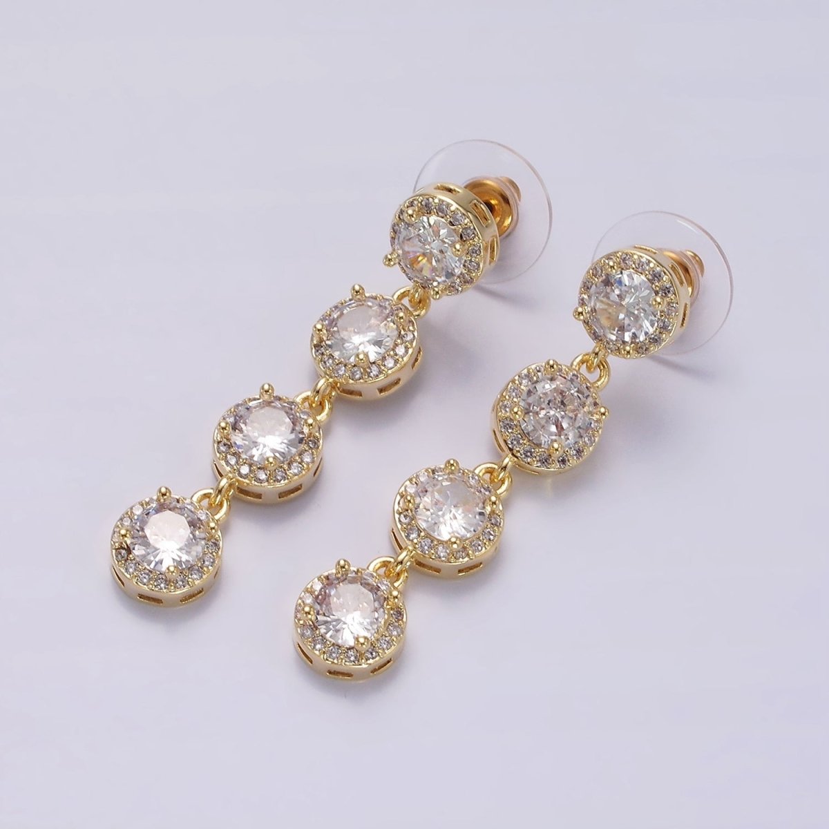 45mm Clear Round Micro Paved CZ Linear Drop Stud Earrings in Gold & Silver | AE287 AE288 - DLUXCA