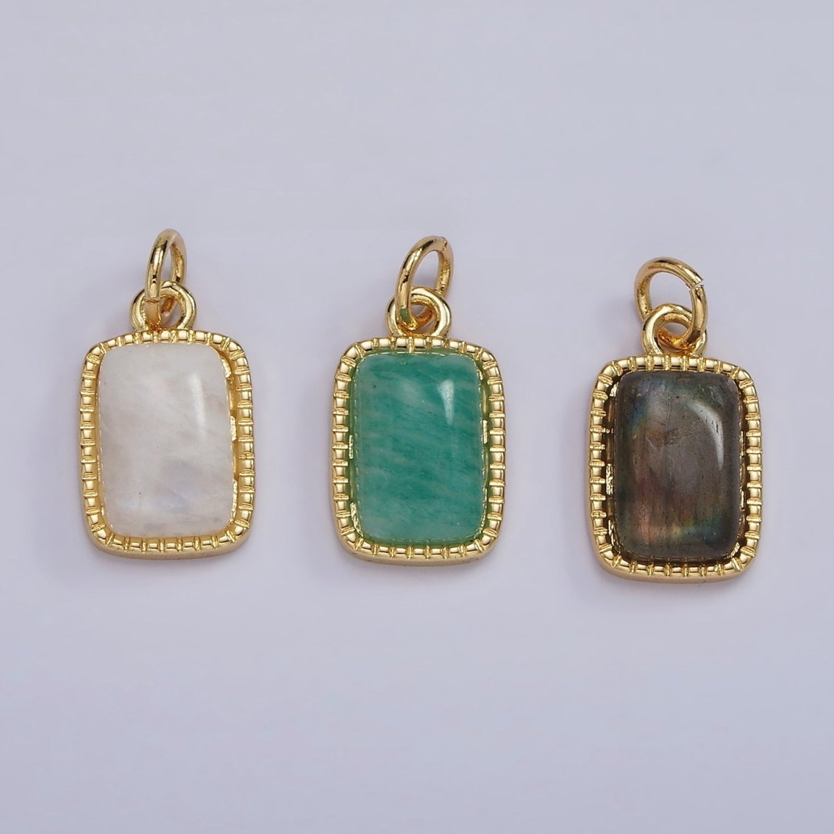 4K Gold Filled Amazonite, Moonstone, Labradorite Dotted Bezel Rectangular Charm | AG-537 - AG-539 - DLUXCA