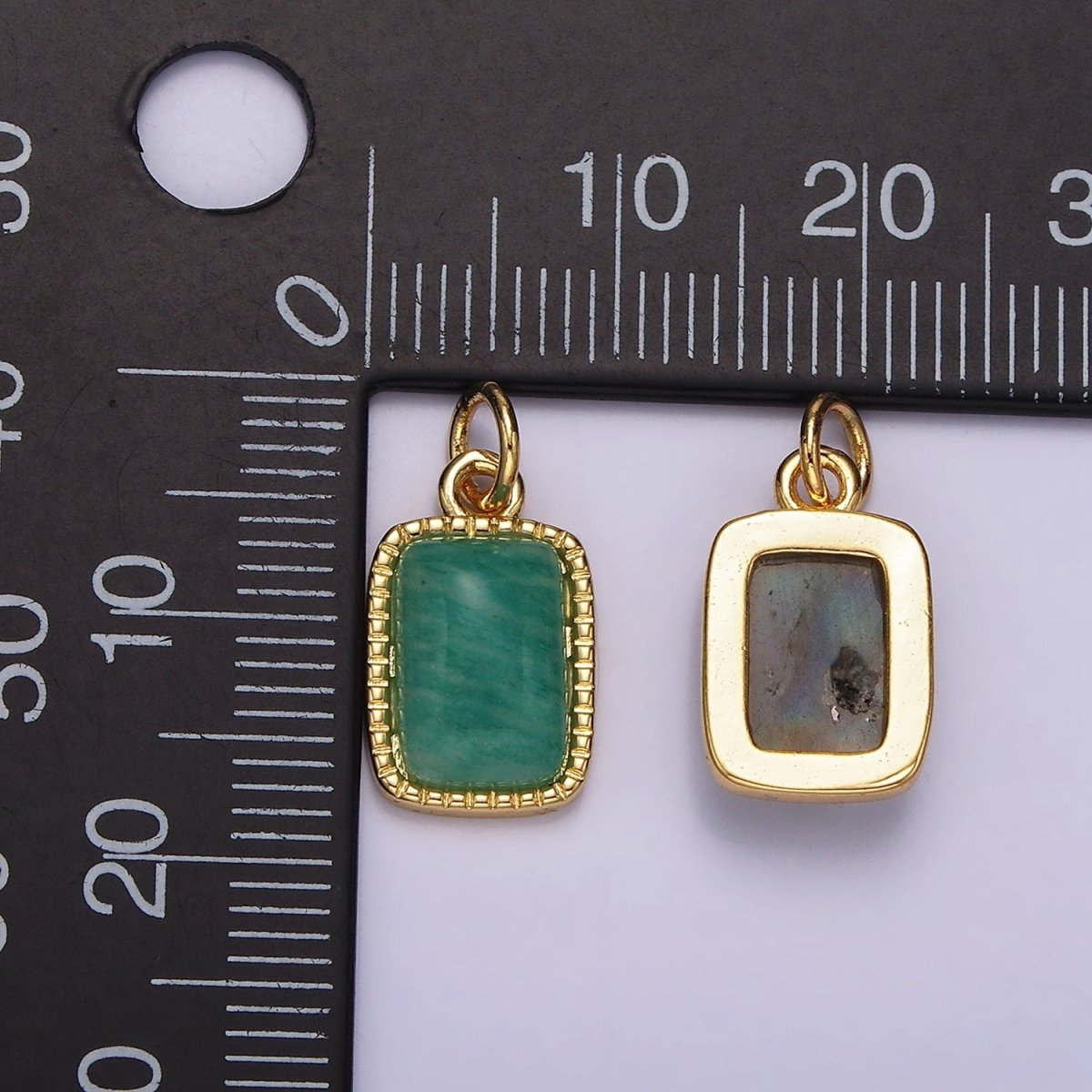 4K Gold Filled Amazonite, Moonstone, Labradorite Dotted Bezel Rectangular Charm | AG-537 - AG-539 - DLUXCA