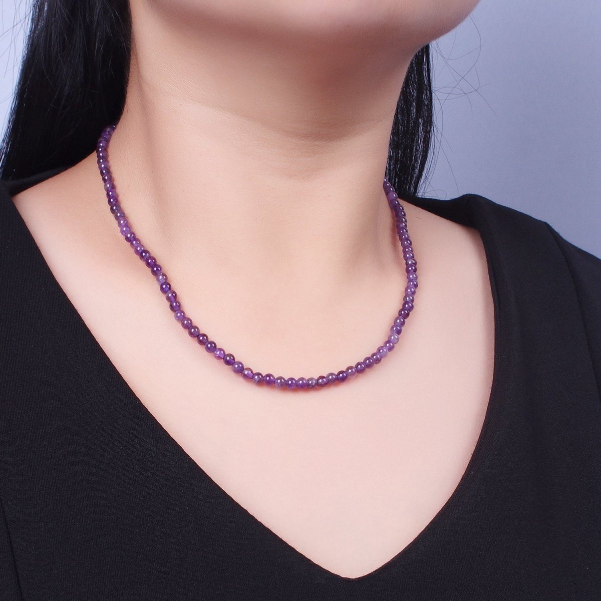 4mm Round Light / Dark Purple Amethyst Gemstone 16.5 Inch Choker Necklace | WA-1184 WA-1193 Clearance Pricing - DLUXCA