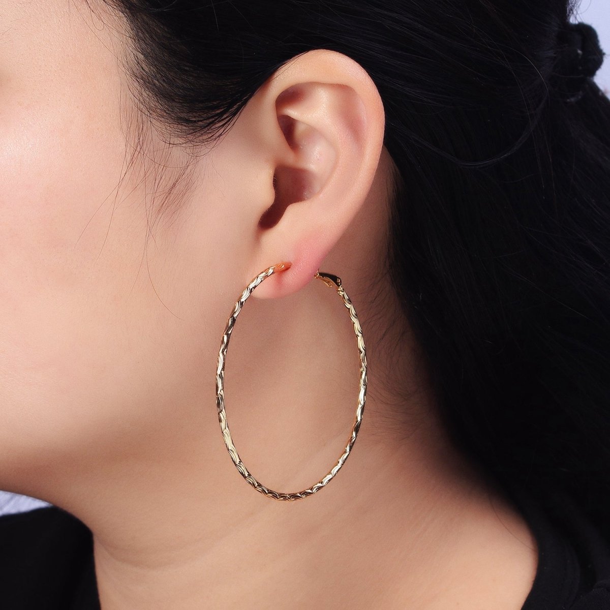 50mm, 60mm Curved Lined Textured Hinge-Hoop Earrings in Gold & Silver | AB745, AB445 - DLUXCA