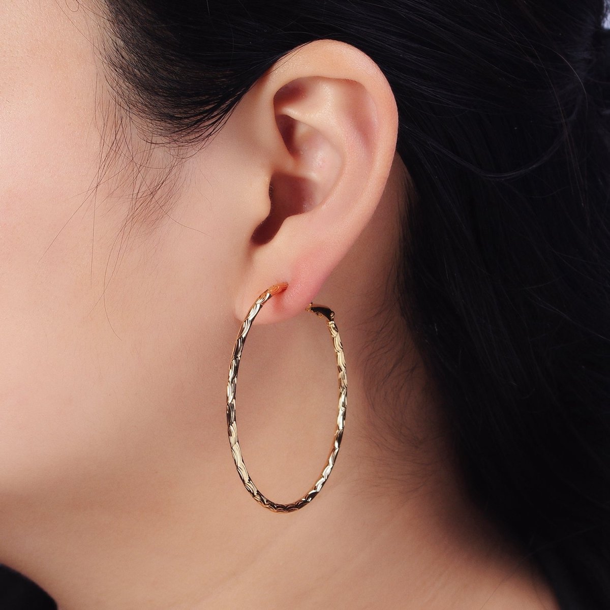 50mm, 60mm Curved Lined Textured Hinge-Hoop Earrings in Gold & Silver | AB745, AB445 - DLUXCA