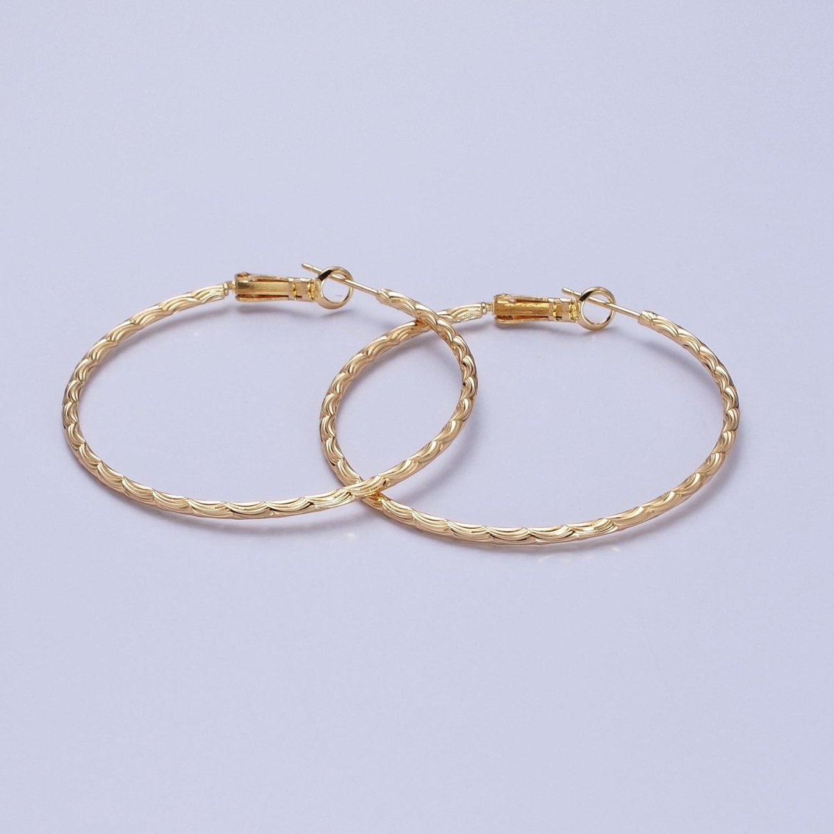 50mm, 60mm Curved Lined Textured Hinge-Hoop Earrings in Gold & Silver | AB745, AB445 - DLUXCA