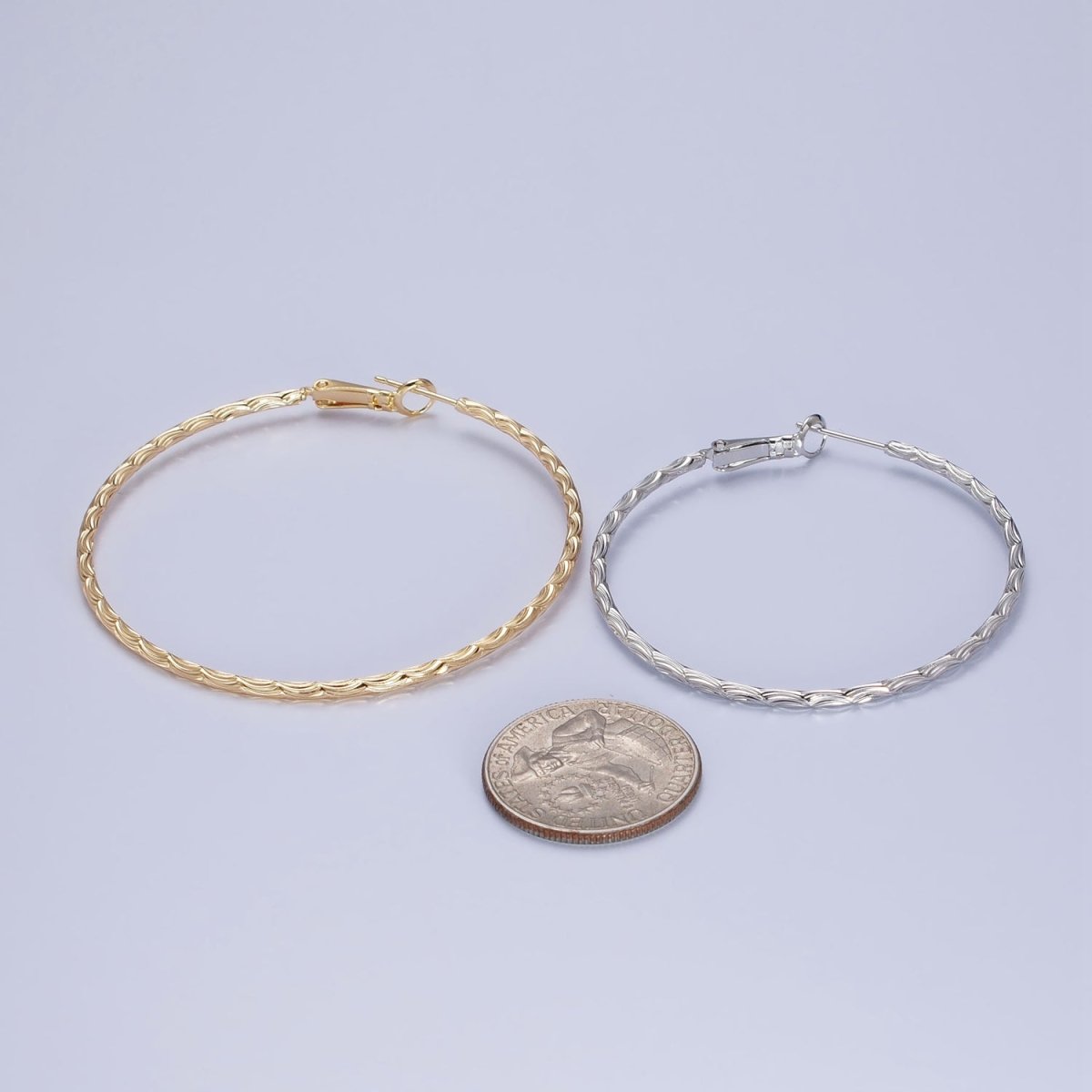 50mm, 60mm Curved Lined Textured Hinge-Hoop Earrings in Gold & Silver | AB745, AB445 - DLUXCA