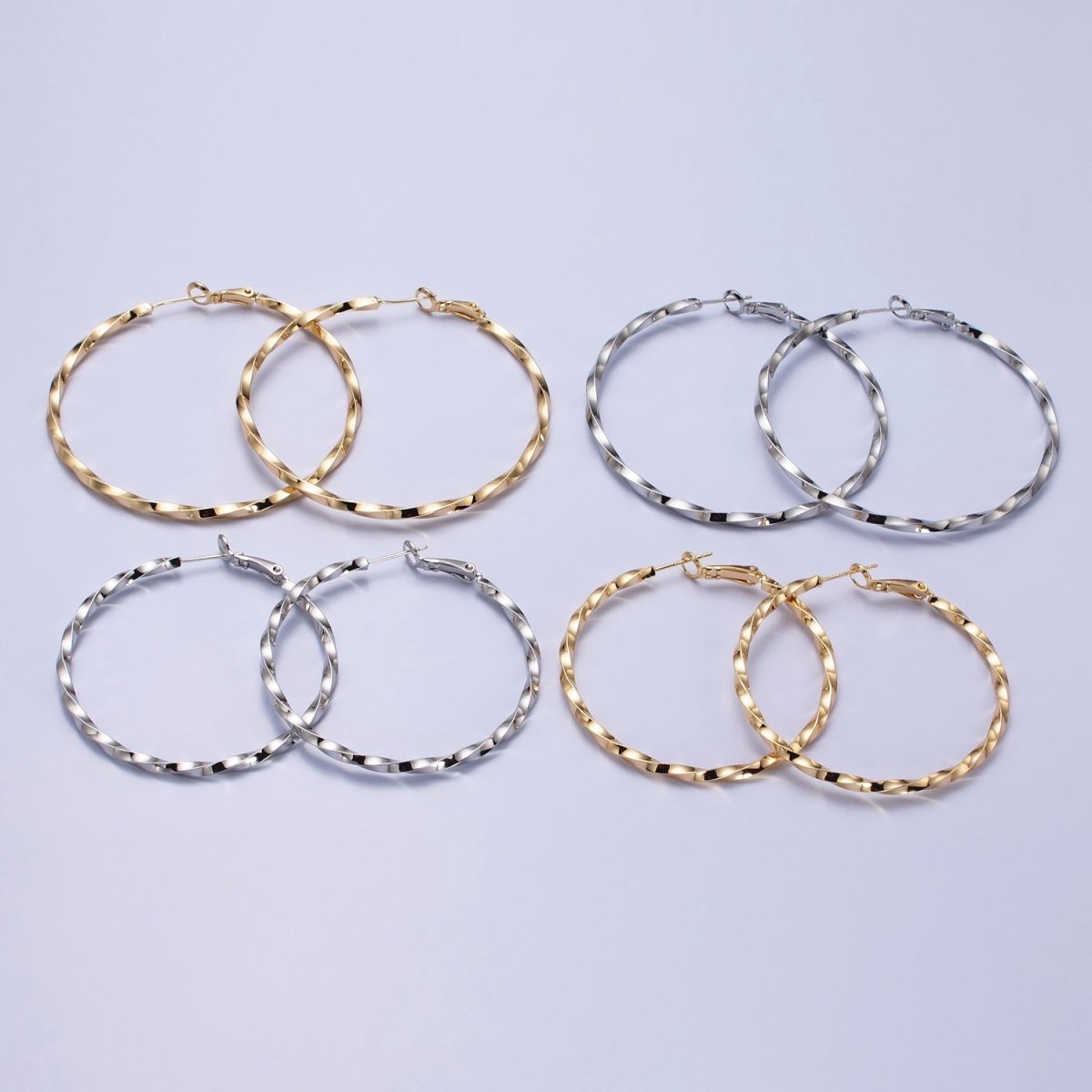 60mm, 50mm Gold Filled Twist Geometric Hoop Hinge Latch Earrings in Gold & Silver | AB-499 - AB-502 - DLUXCA