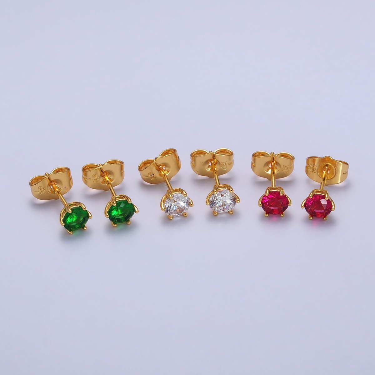 6mm Clear, Fuchsia, Green Round CZ Gold Stud Earrings | AB089 AB113 AB114 - DLUXCA