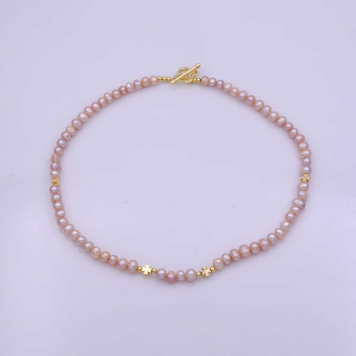 6mm Natural Pink Button Freshwater Pearl 16 Inch Handmade Choker Necklace w. Clover Toggle Clasps | WA-410 Clearance Pricing - DLUXCA