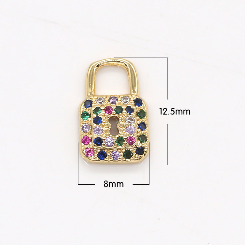 Dainty Multicolor Crystal Golden Lock Charm CZ Gold Plated Geometric Square Crystal Micro Pave Charm Pendant GP-798 - DLUXCA