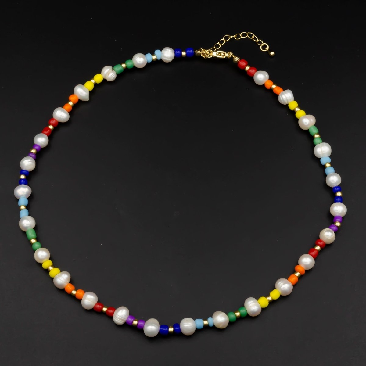 7mm Natural Ringed Button Freshwater Pearl Multicolor Rainbow Bead 16 Inch Choker Necklace w. Extender | WA-302 Clearance Pricing - DLUXCA