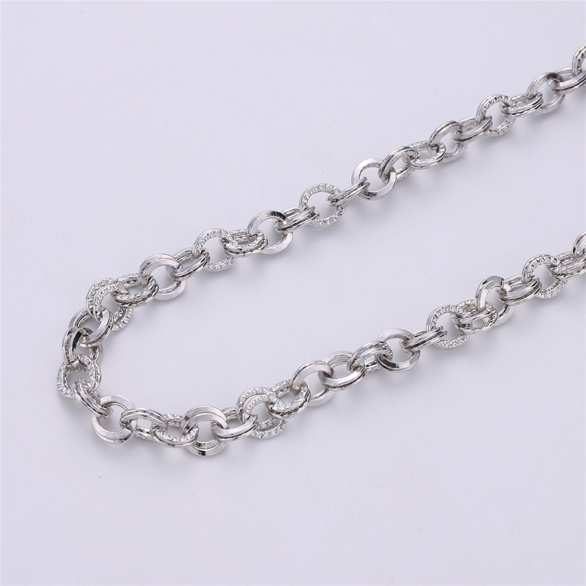 7mm Width White Gold / 14K Gold Filled Textured Necklace Bracelet Rolo Chain | ROLL-096, ROLL-097 Clearance Pricing - DLUXCA
