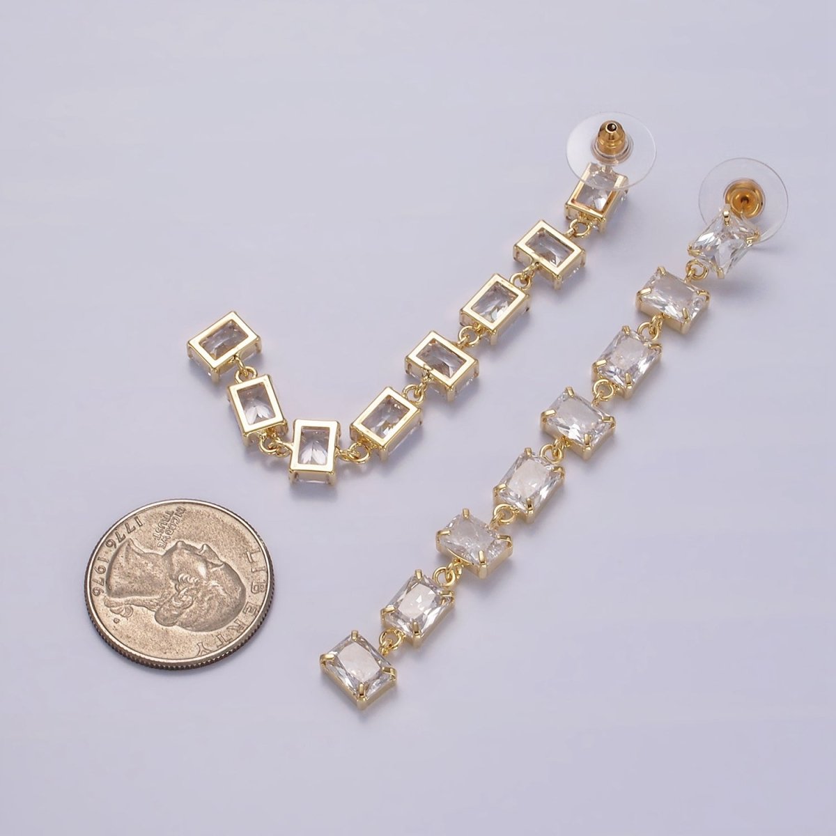 85mm Clear Baguette CZ Linear Drop Stud Earrings in Gold & Silver | AE281 AE282 - DLUXCA