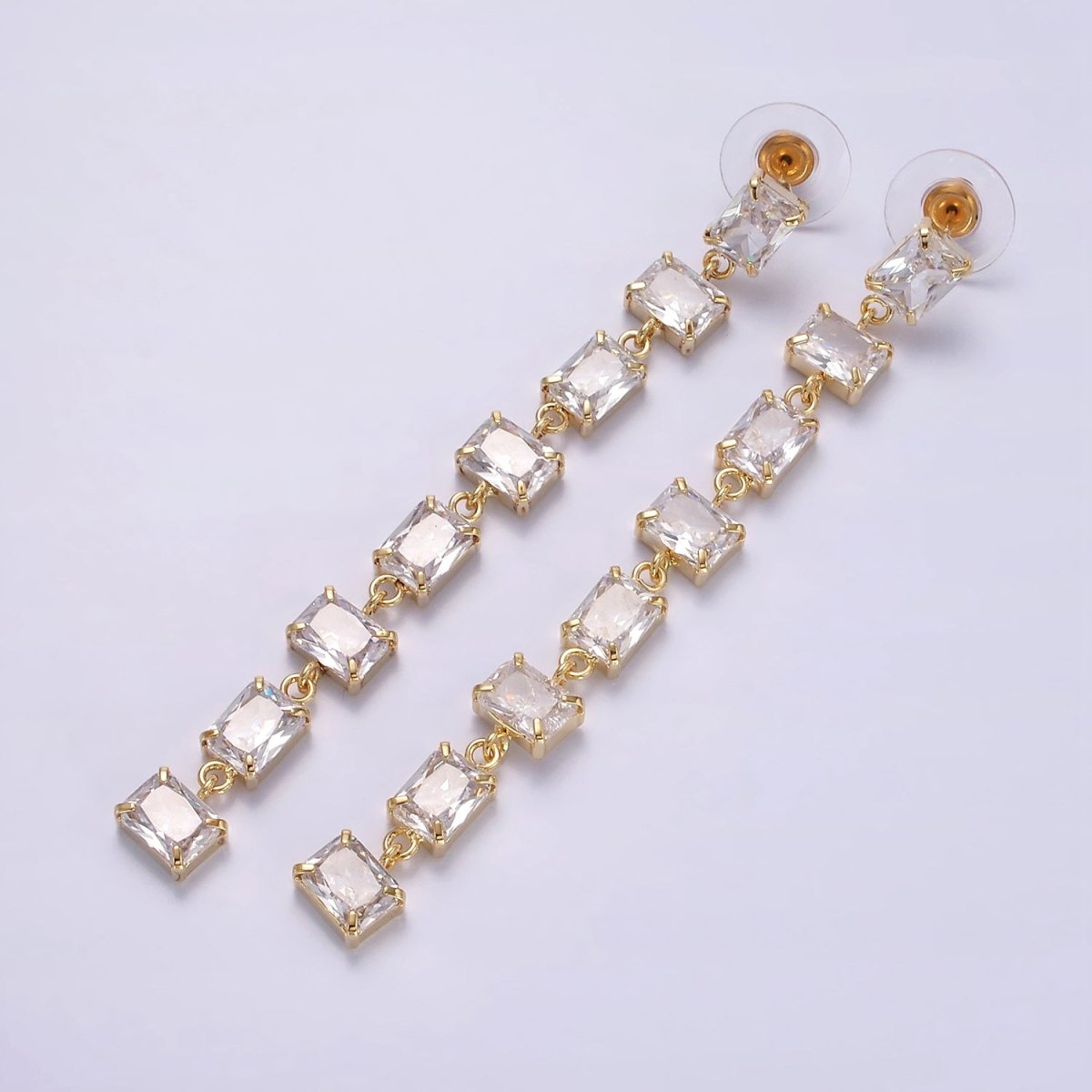 85mm Clear Baguette CZ Linear Drop Stud Earrings in Gold & Silver | AE281 AE282 - DLUXCA